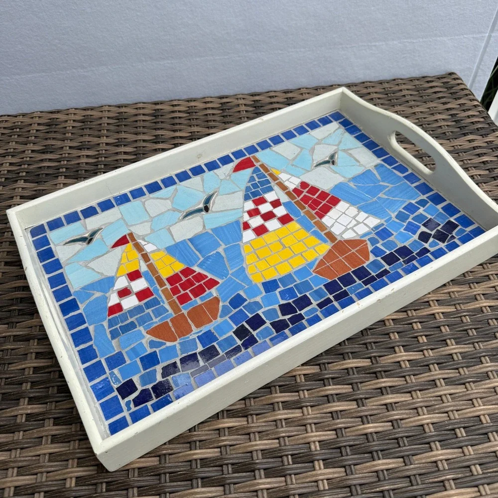 Handmade Mosaic Sailboat Serving Tray Wooden Coastal Nautical Decorative 19x12